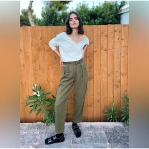 Babaton The Group Olive Green Belted Utility Cargo Pants High Rise Pleated 4